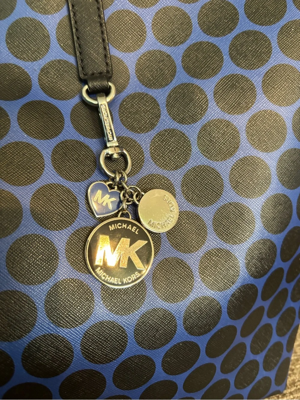 Michael Kors Blue and Black Polka Dot Tote with MK Charm