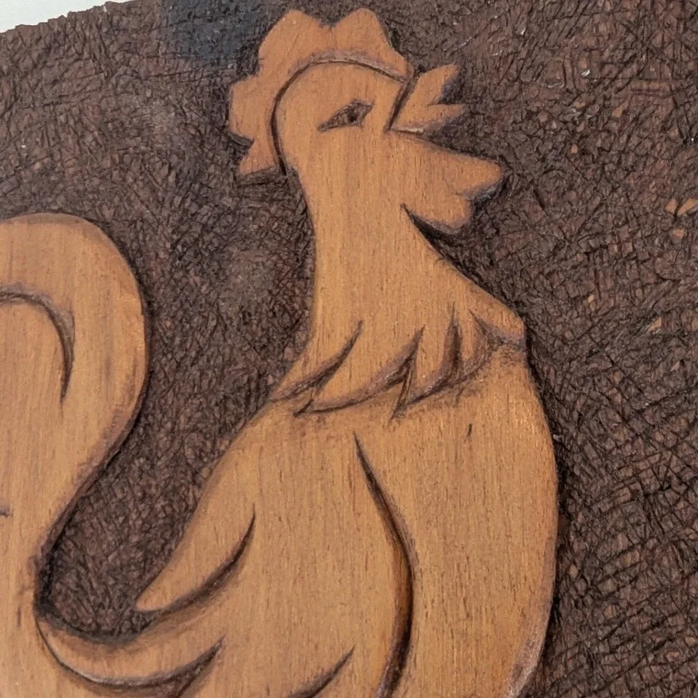 Vtg 1966 Hand Carved Wood Wall Plaque Brown Rooster Folk Art 8x8 MCM Farmhouse