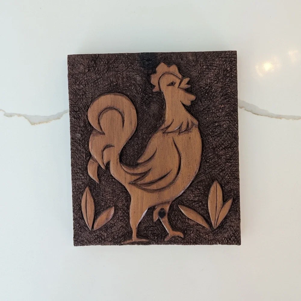 Vtg 1966 Hand Carved Wood Wall Plaque Brown Rooster Folk Art 8x8 MCM Farmhouse