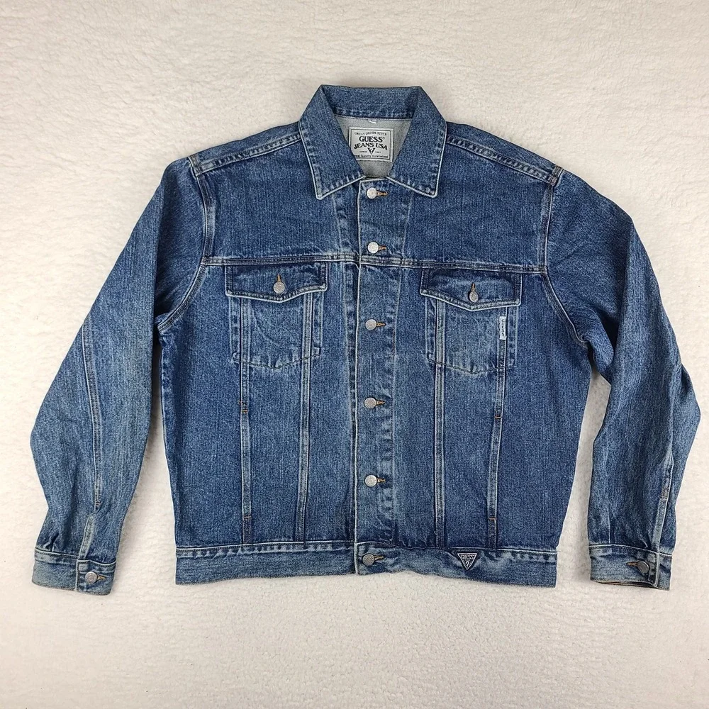 Guess Jean Denim Trucker Jacket Mens Large Blue Flap‎ Pocket VTG USA Style 10807