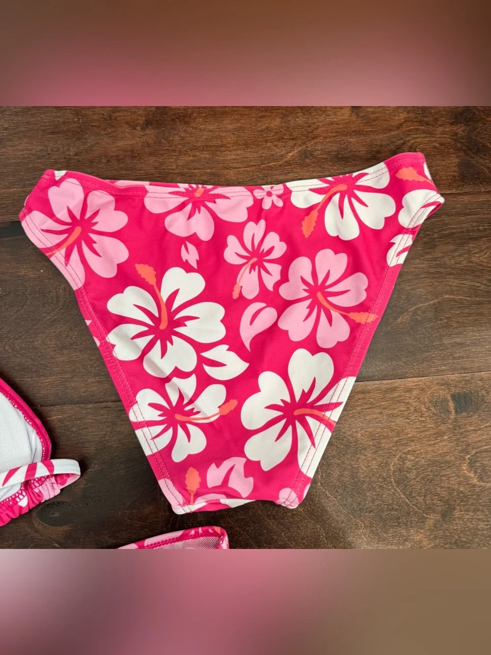 NEW 3-Piece Girls Swim Suit Set Bikini Bathing Pink Hibiscus Tropical Print, 10