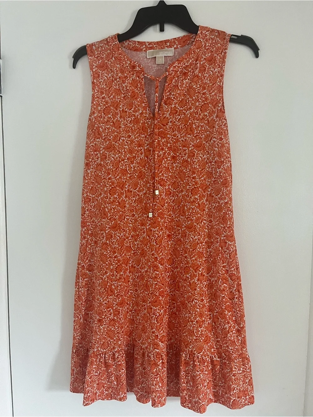 Michael Kors Sleeveless Orange Floral Shift Dress with Tassel Tie Size Small
