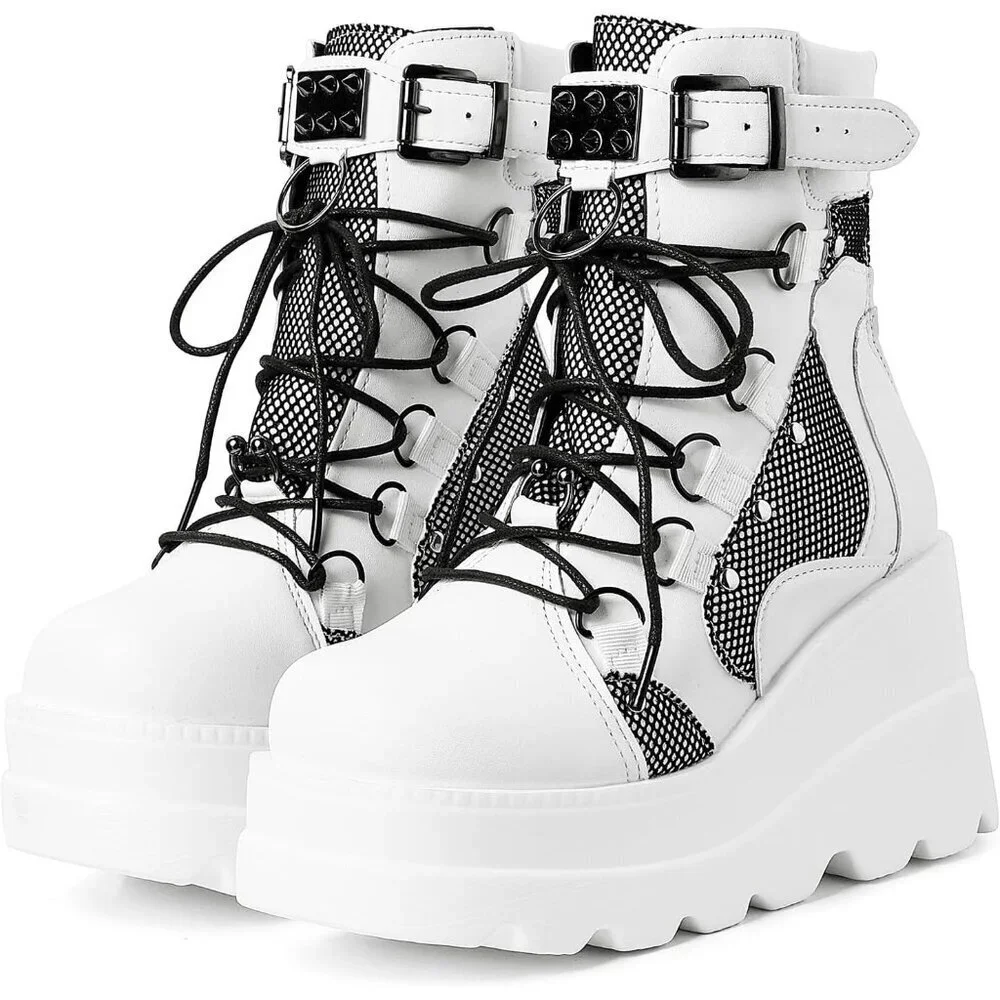 Women's White Lace Up Ankle Studded Buckle Goth Stacked Wedge Combat Ankle Boots