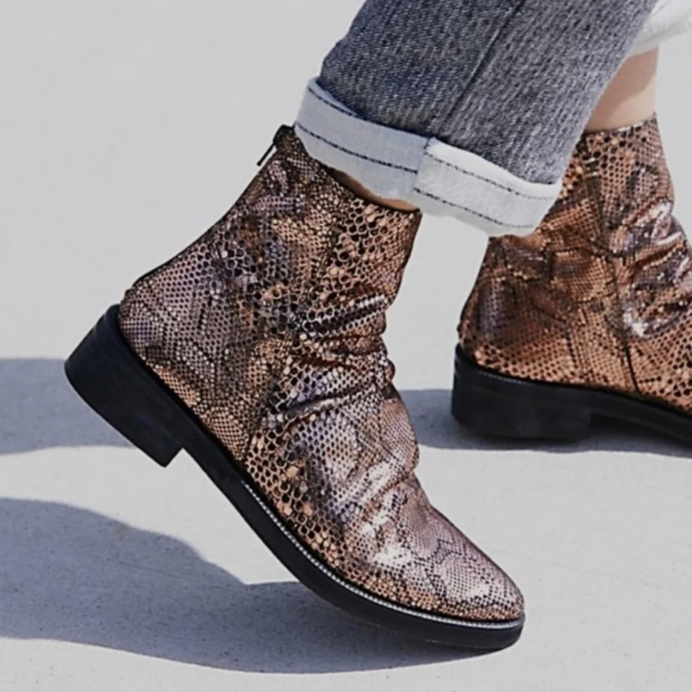 Free People Amarone Holiday Party Copper Snakeskin Print Ankle Boot Sz 8/38