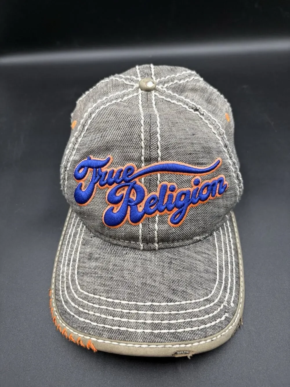 TRUE RELIGION Vtg Distressed Grey Leather Strap With Visor Thrd Stitches Hat