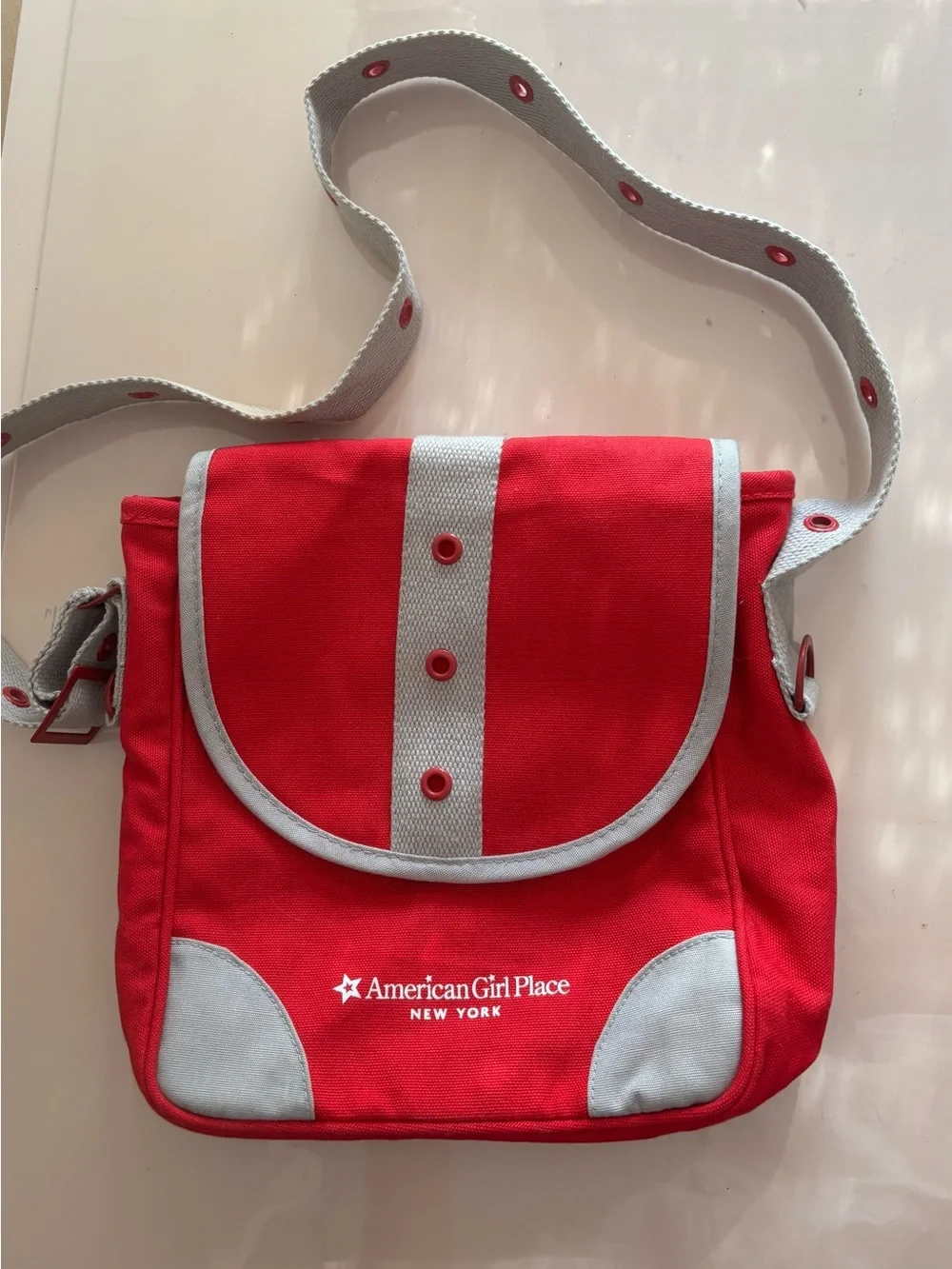 American Girl Red New York Bag with Gray Trim and Strap Accents