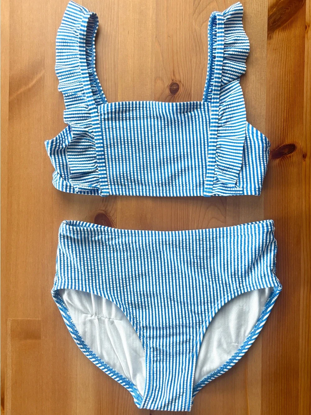Girls Cat & Jack Blue & White Striped Ruffle Bikini Set.