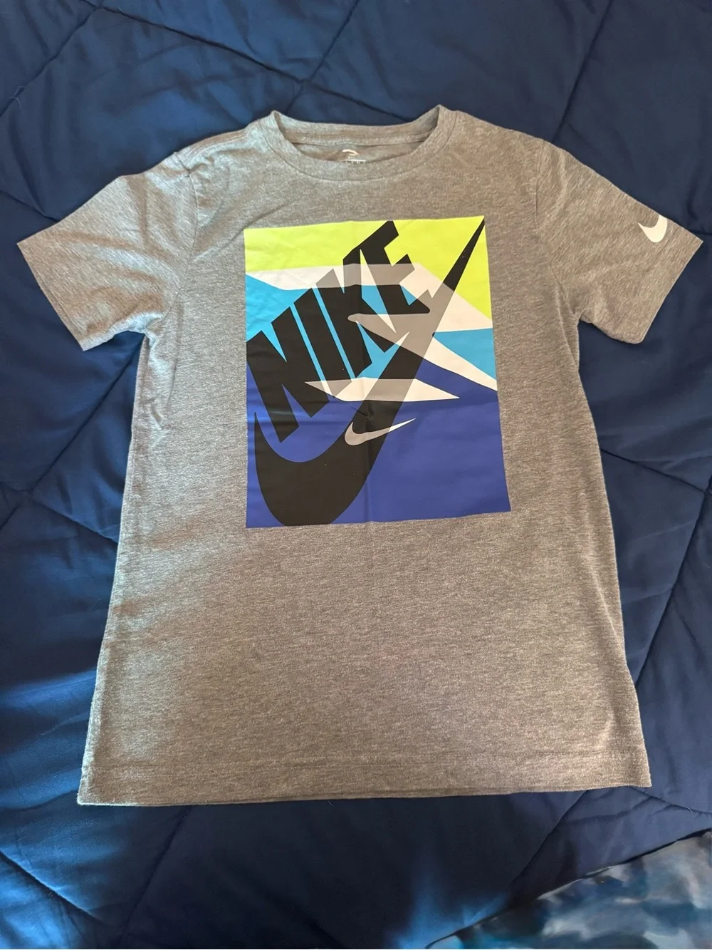 Nike Youth Gray Graphic Tee with Blue & Neon Accents