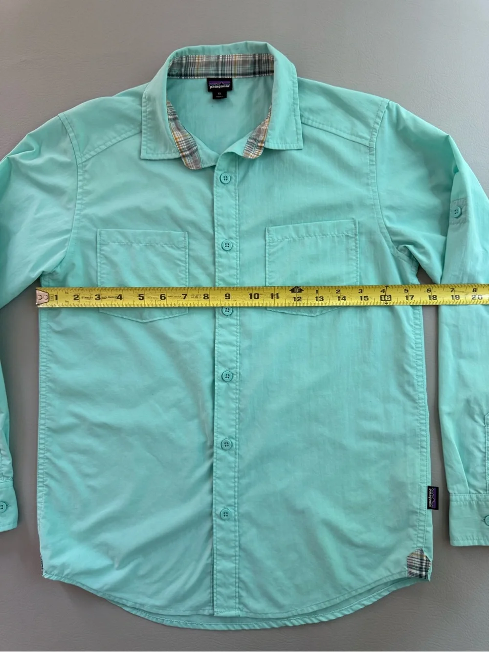 Patagonia Kids Long Sleeved Button Up Rio North Shirt Bend Blue Boys XL - Stains