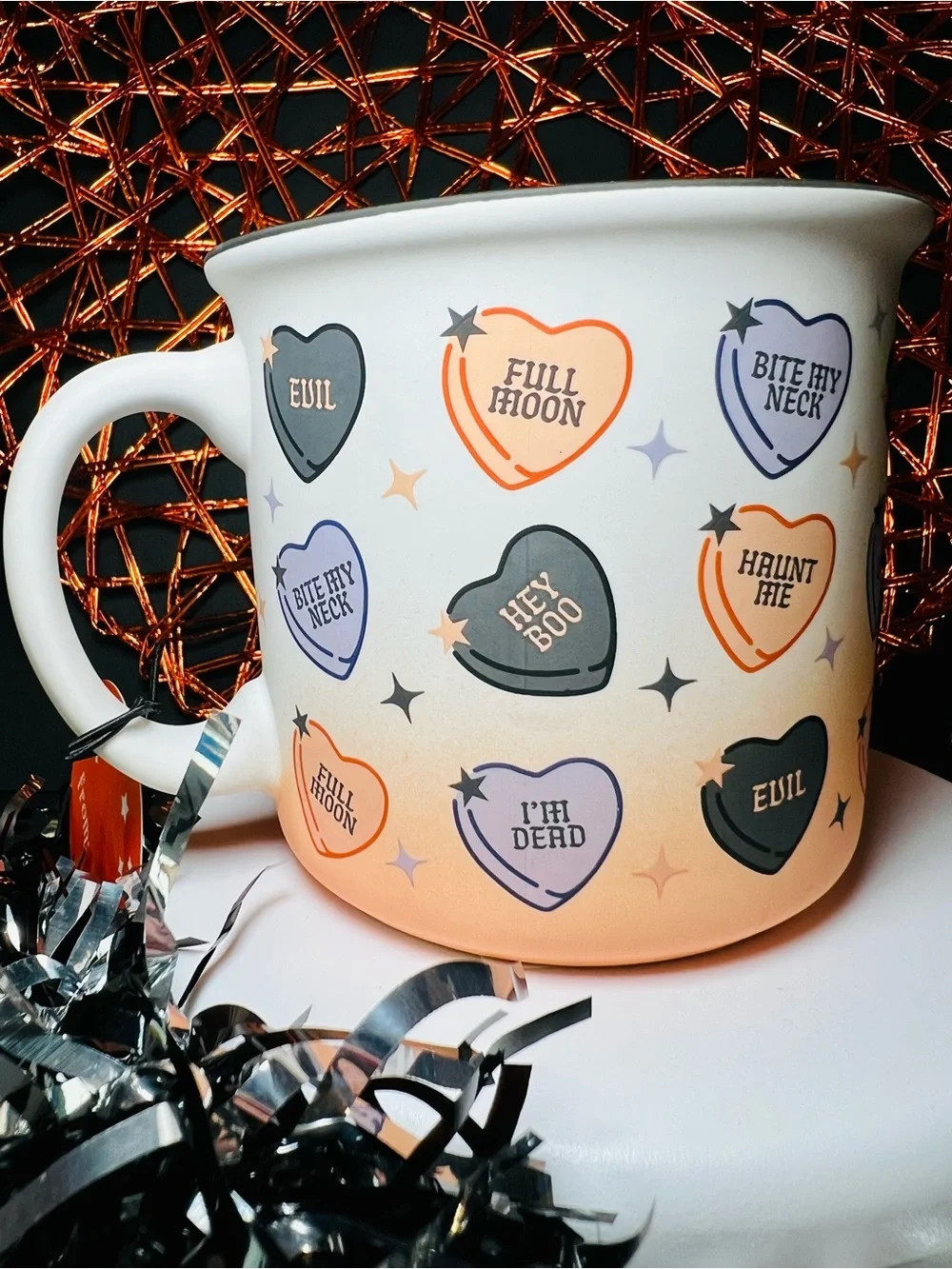 Halloween Conversation Hearts Mug in Orange, Purple & Black Dark Romance Fun
