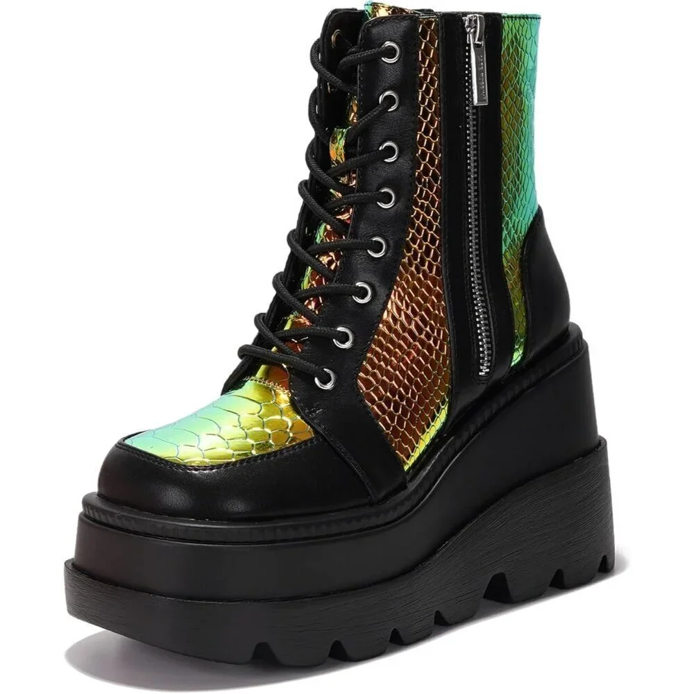 Women's Black Chunky Block Heels Pointed Toe Leather Buckle Strap Retro Boots