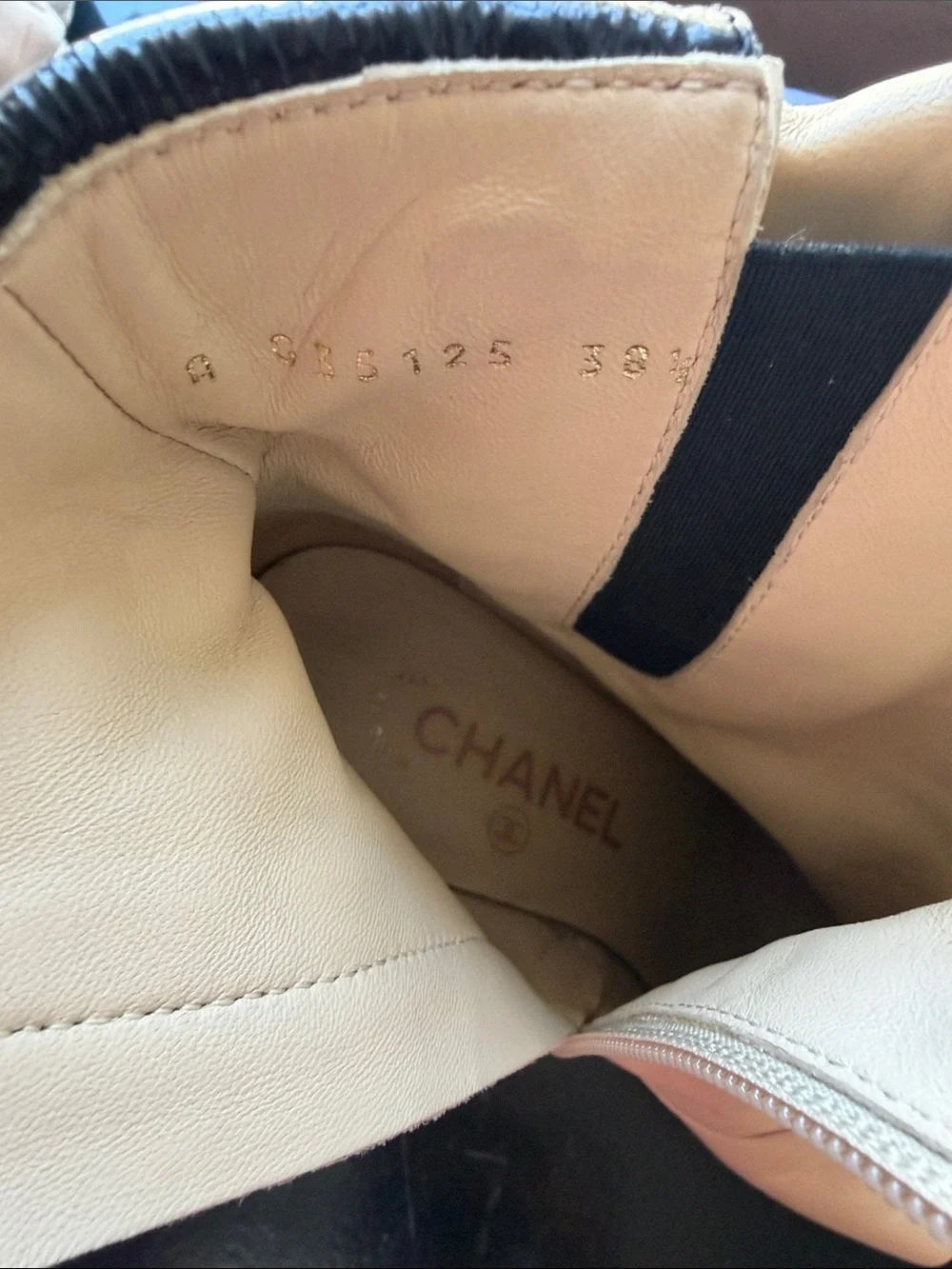 CHANEL Beige and Black Bow Accent Leather Ankle Boots