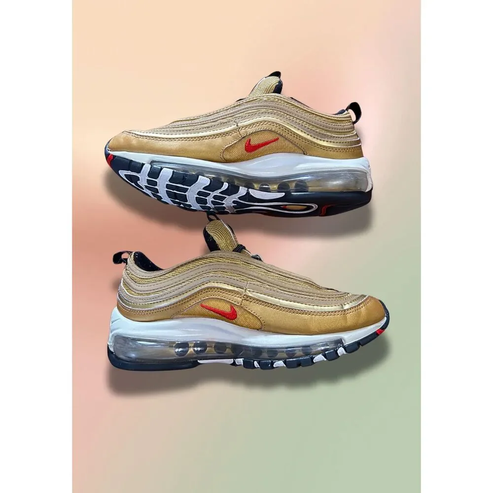 Nike Air Max 97 GS Metallic Gold University Red Black 918890-700 Youth Size 4Y