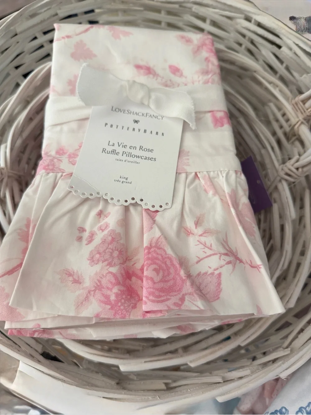 LoveShackFancy (2) Pink and White La Vie en Rose Floral Ruffle KING Pillowcases