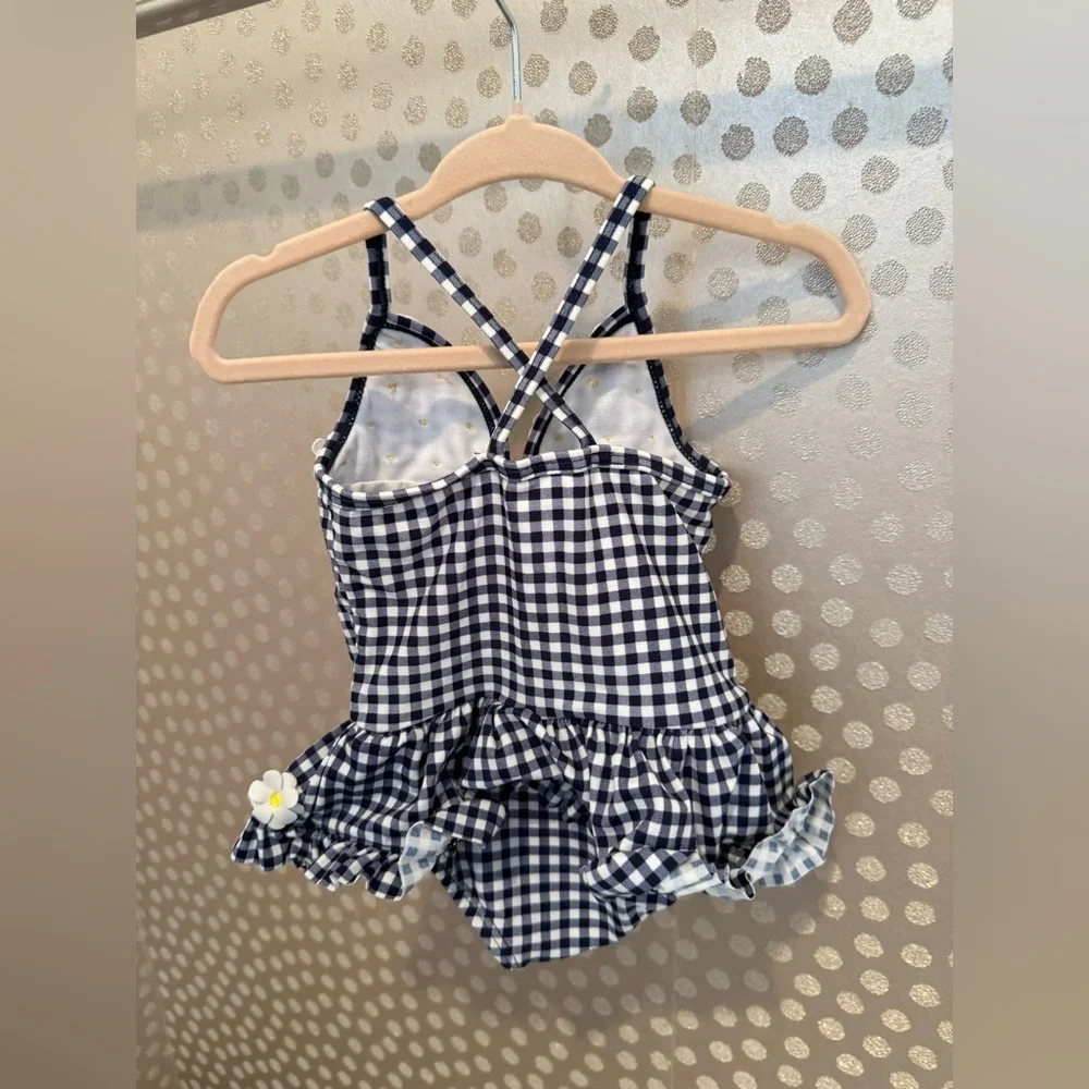 Little Me Navy and White Gingham Swimsuit with Daisy Details