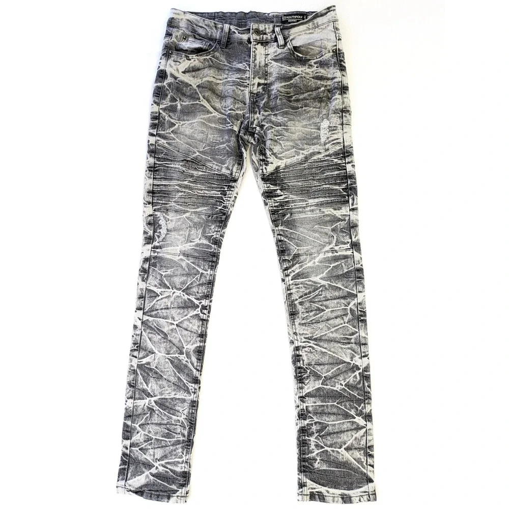 Southpole Mens Moto Skinny Jeans Grey Acid Wash Biker Denim 32x32 Distressed