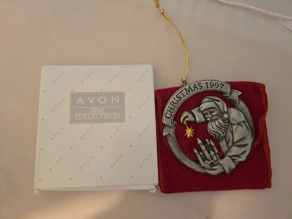 Beautiful Pewter Santa Christmas Ornament Metal 1997 Avon With Box And Bag