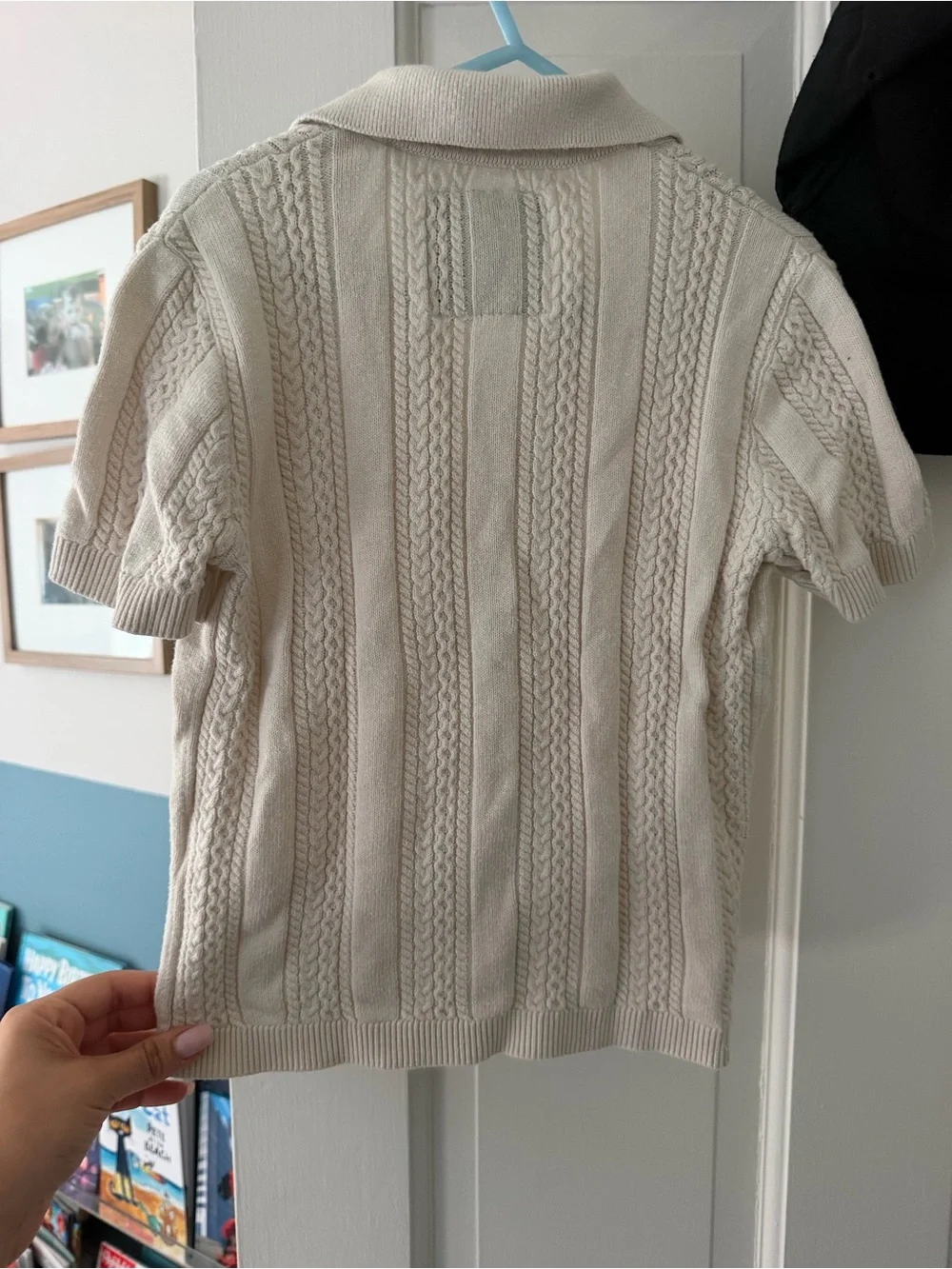 Men's Short-Sleeve Cable Knit Polo Sweater in Cream