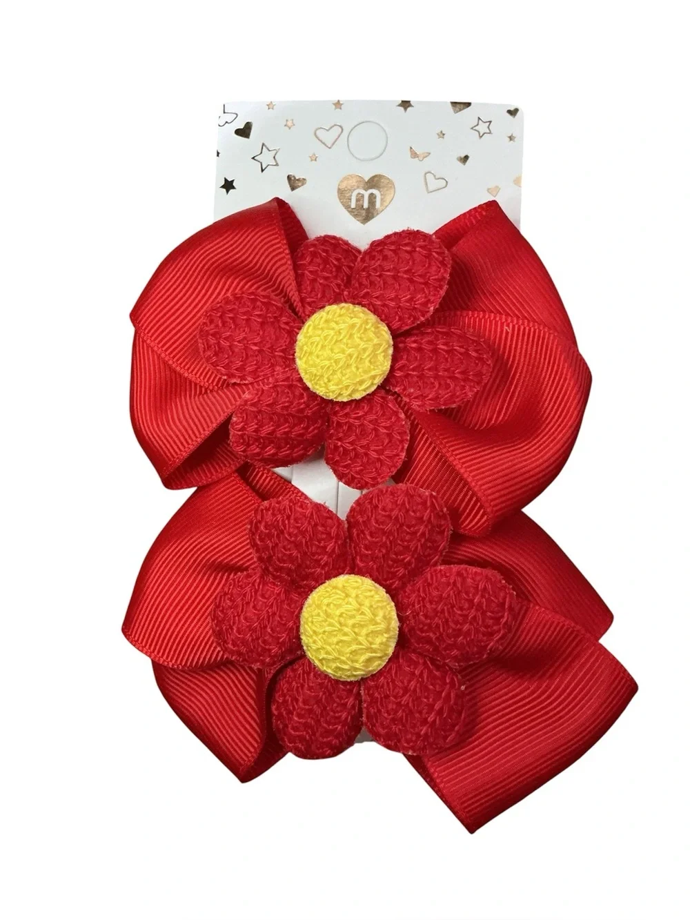 Red Flower Bow Hair Clips for Kids - Set of 2 New On Card