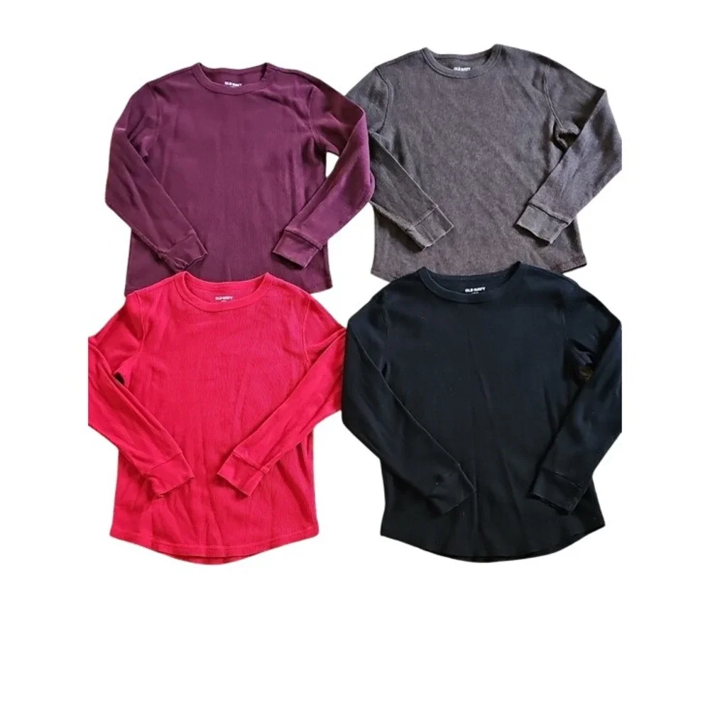 Old Navy Boys Waffle Knit Long Sleeve Shirt Lot of 4 Large 10-12 Black Red Grey