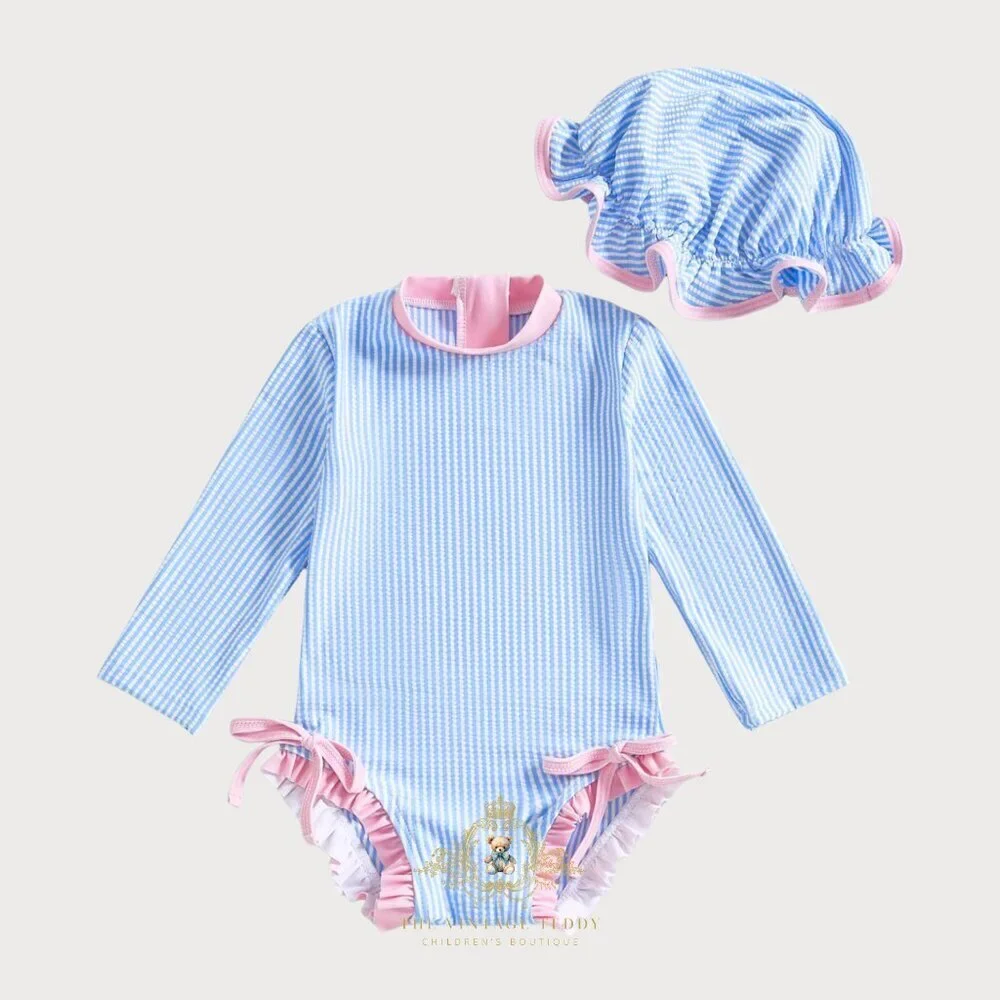 NWT Pretty Girls One-Piece Swimsuit Bonnet Kids Swimwear Girls Beachwear 0-3M
