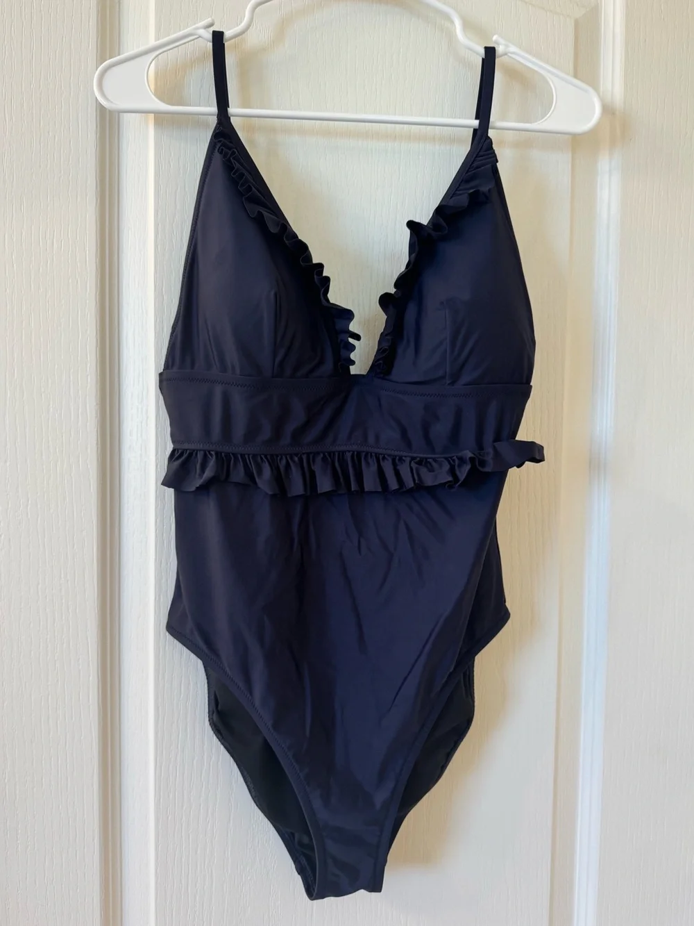 J.Crew Ruffle Plunge One Piece Swimsuit Navy Blue Size 10 Re-Imagined V-Neck
