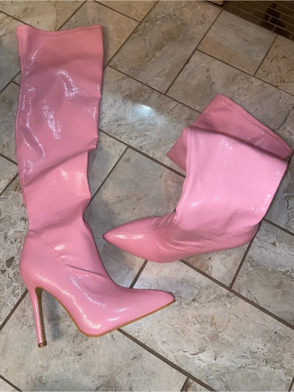 Women's Pink Patent Pointed-Toe Stiletto Boot