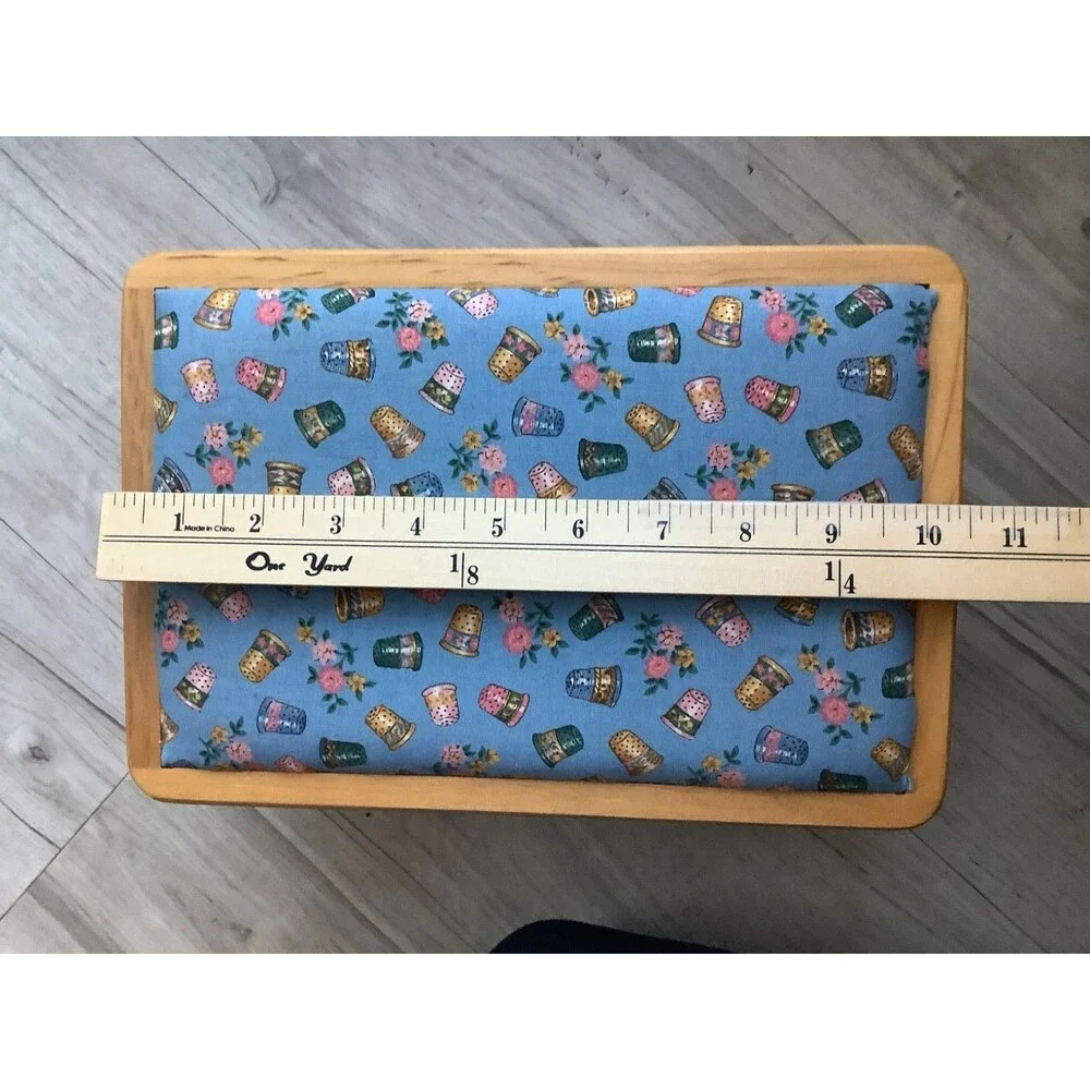 Vintage Wicker Sewing Basket Storage Box Blue Padded Lid Handle Cottagecore