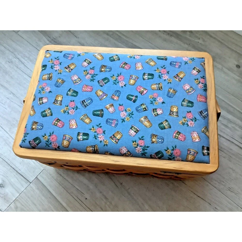 Vintage Wicker Sewing Basket Storage Box Blue Padded Lid Handle Cottagecore