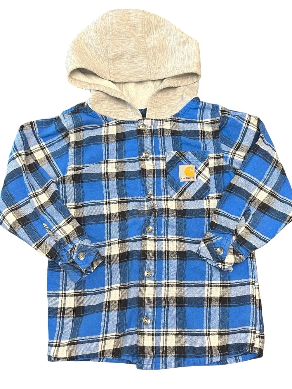 Carhartt Boys Hooded Flannel Shirt Size 7 Blue Plaid Button Down 100% Cotton