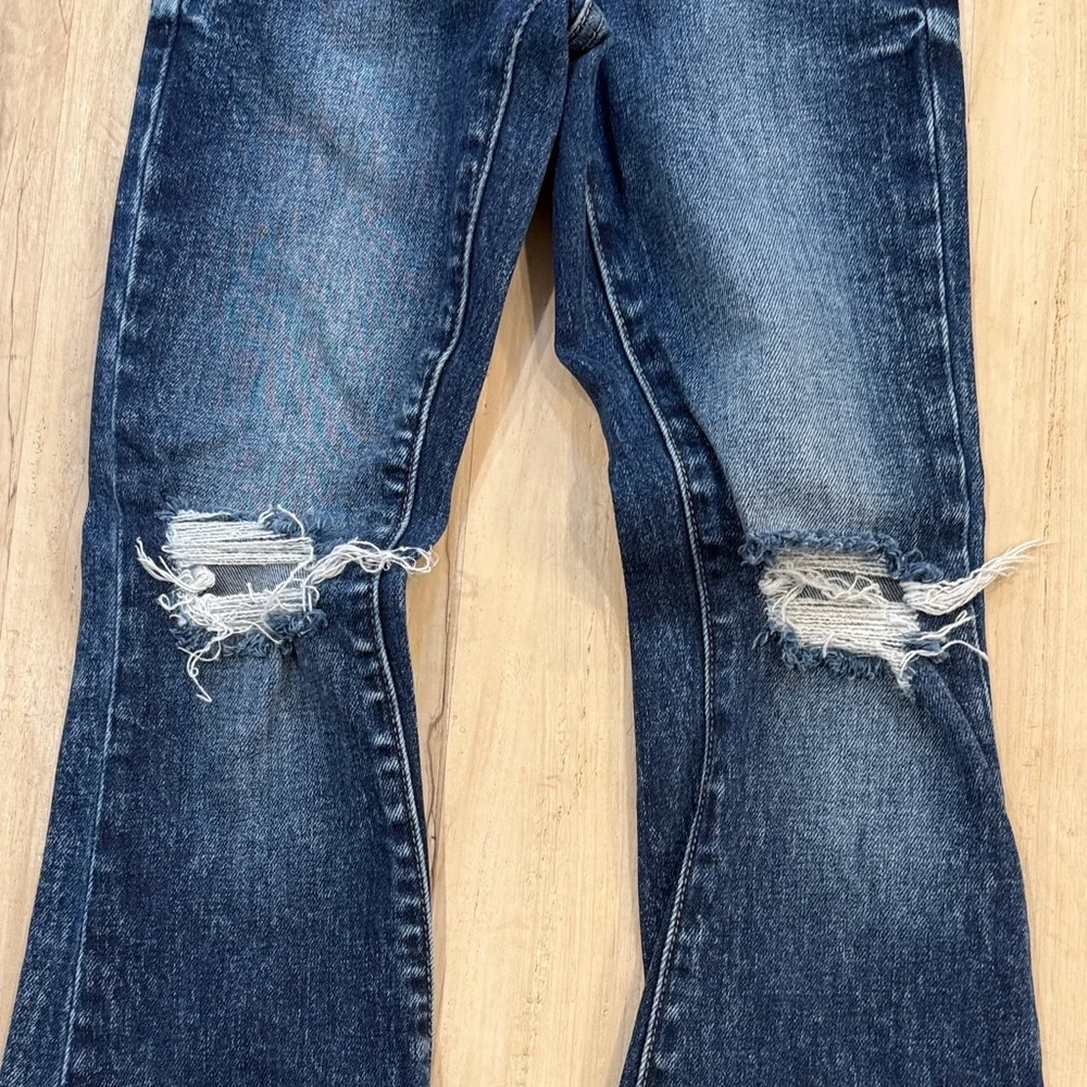BKE Girls-Dark Wash Flare Jeans with Knee Rips