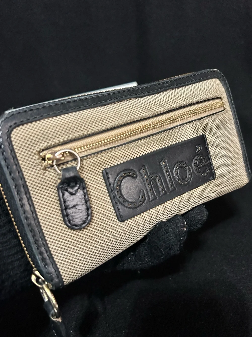 Chloé Beige Canvas and Black Leather Zip Wallet
