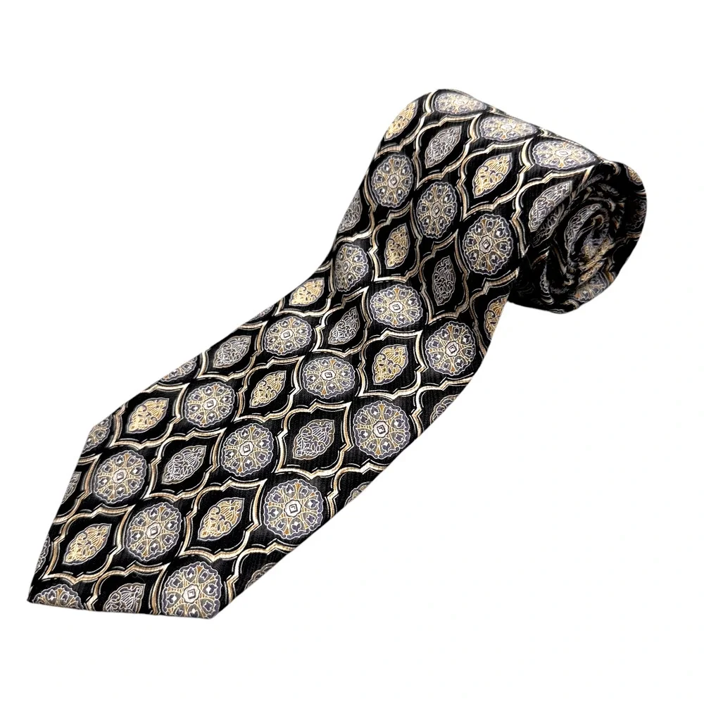 XMI 100% Silk Dress Tie Made in USA Black Geometric Pattern‎ 58