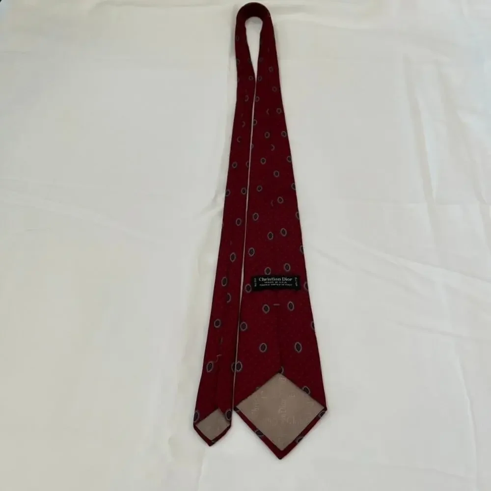 Vintage Christian Dior Mens' Red Silk Neck Tie All Over Print Fabric Woven Italy