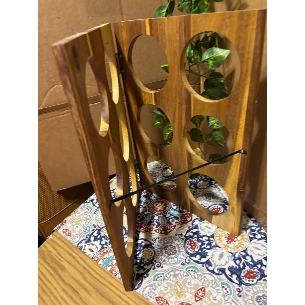 Natural Acacia Wood 6 Bottle Wine Rack Foldable A-Frame Countertop Storage Stand