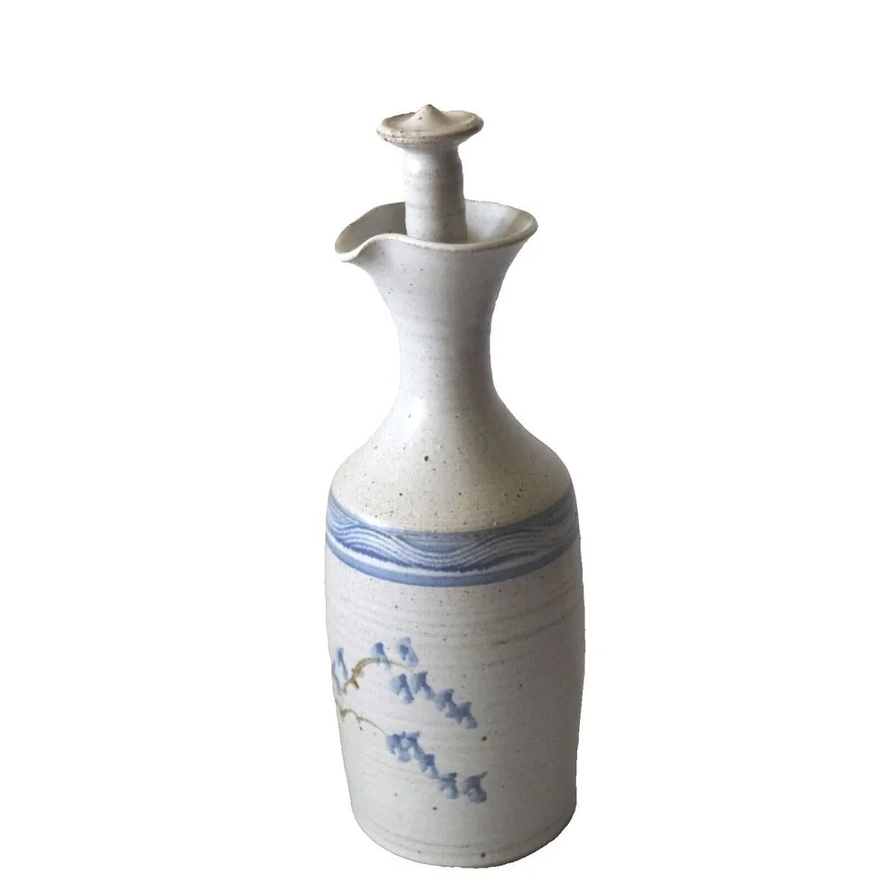 Art Pottery Stoneware Decanter Bottle w/ Stopper Blue Earth Tone Signed 11.5