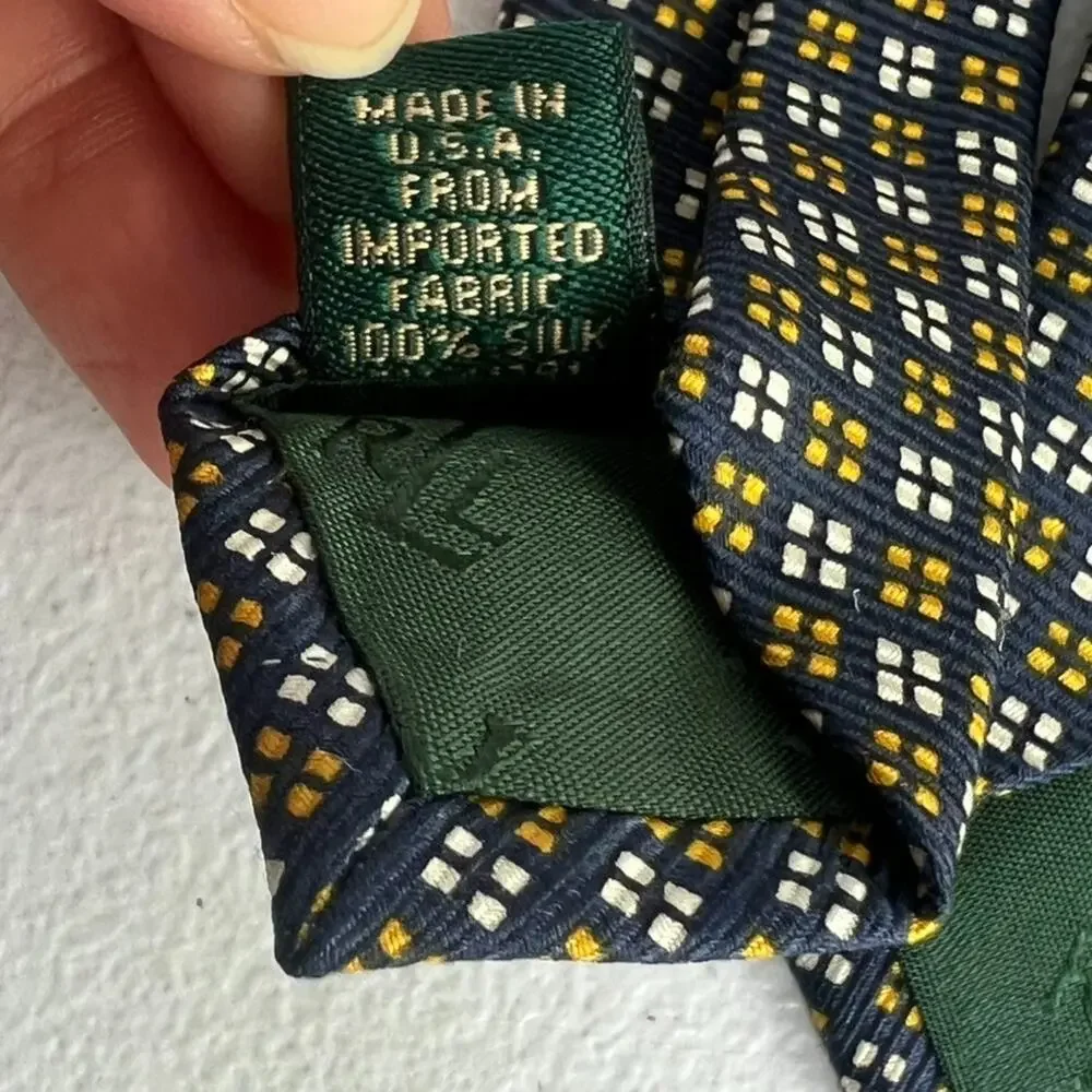Lauren Ralph Lauren Men's Necktie Blue Yellow Geometric 100% Silk Hand Finished