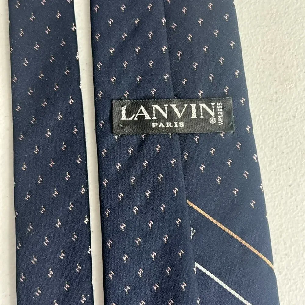 Lanvin Paris Necktie Men's Navy Blue Striped Pin Dot Logo