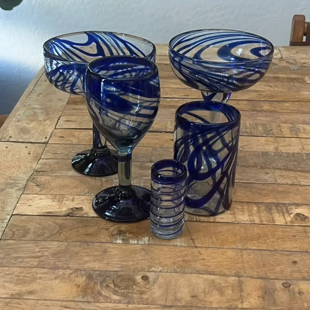 Blue Swirl Glassware Set 2 Margarita 1 Shot Glass 1 Wine Glass 1 Highball Glass