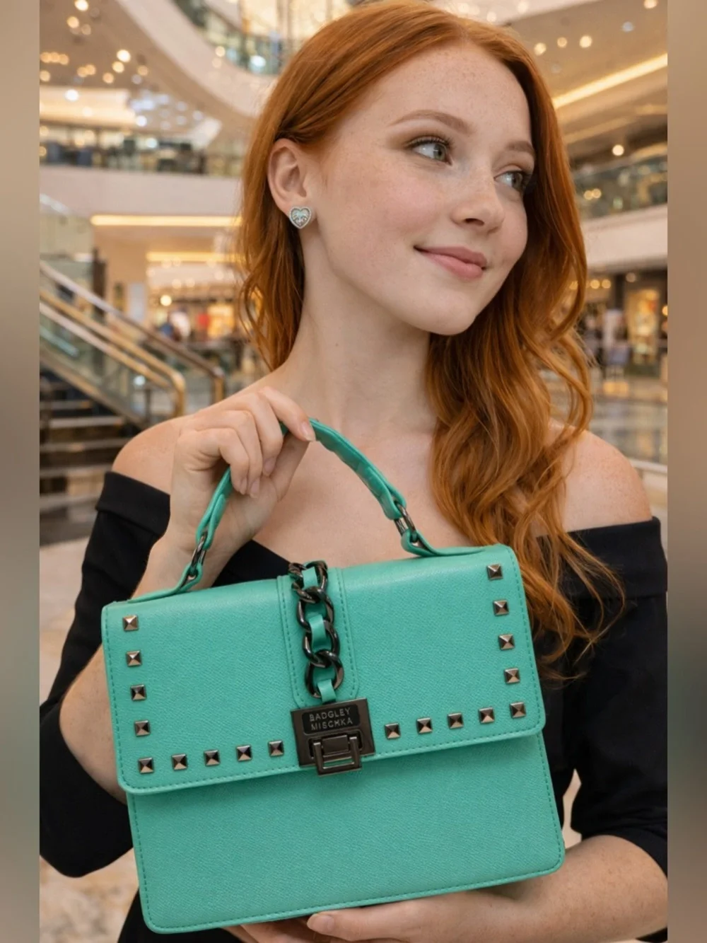 Badgley Mischka Mint Green Vegan Leather Studded Top-Handle Satchel NWT