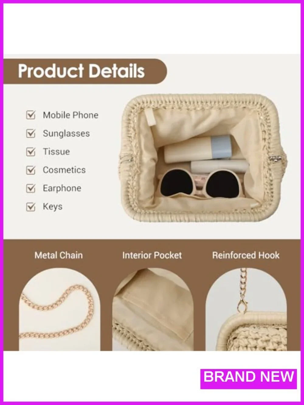 Woven Straw Clutch Purse with Detachable Chain, Crossbody Shoulder Bag