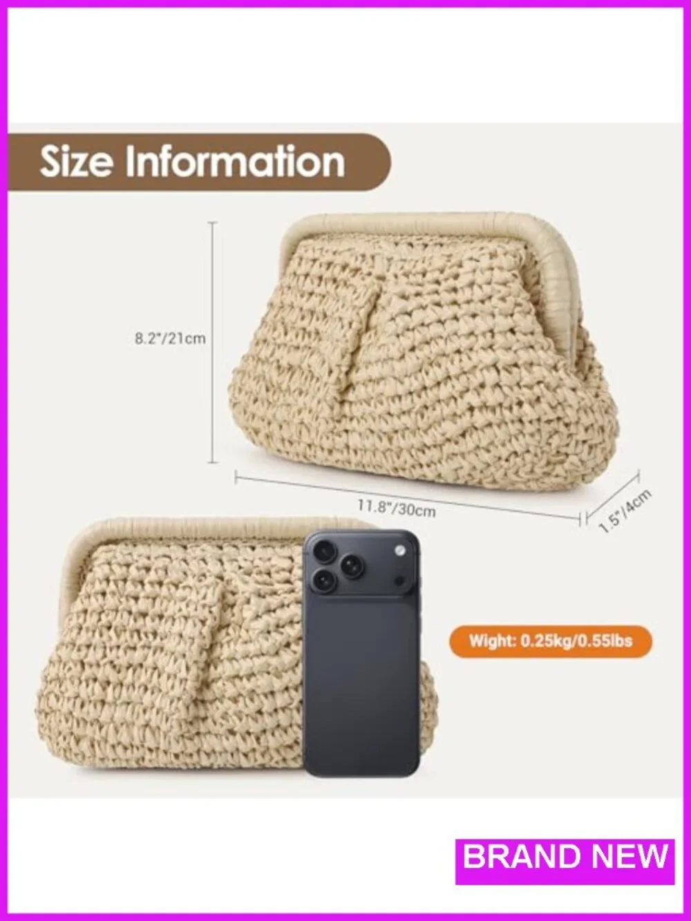 Woven Straw Clutch Purse with Detachable Chain, Crossbody Shoulder Bag