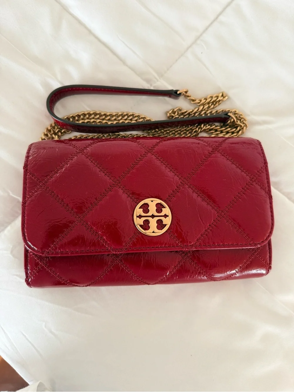 Tory Burch Red Quilted Patent Leather Chain Crossbody with Logo Medallion