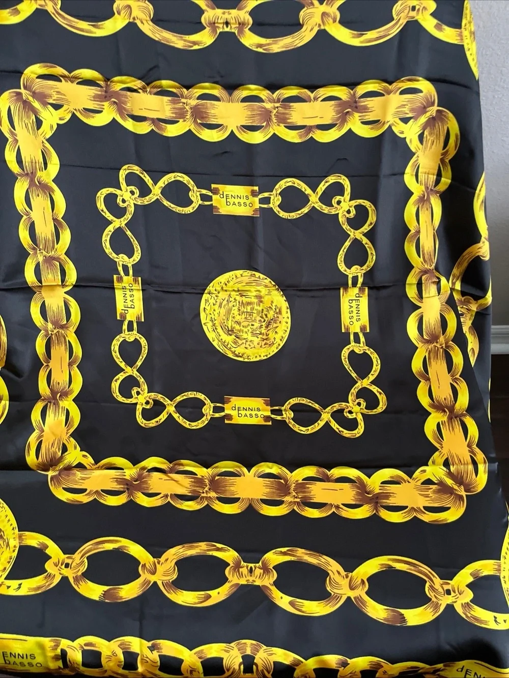 dennis basso Black and Yellow Chain Motif Silk Scarf