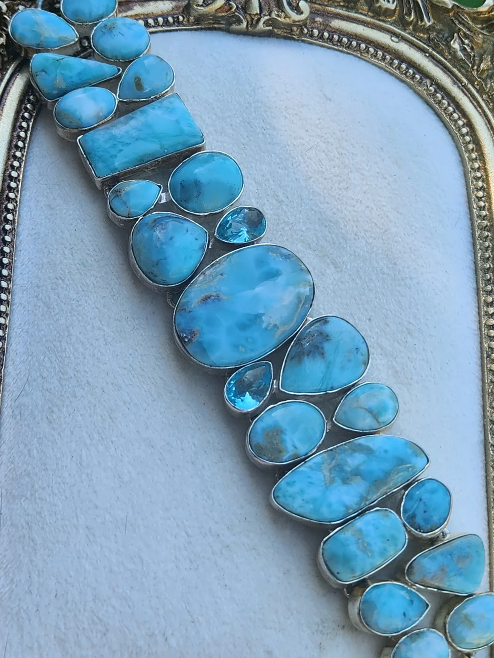 925 Sterling Silver Larimar Blue Topaz Chunky Statement Link Bracelet Boho