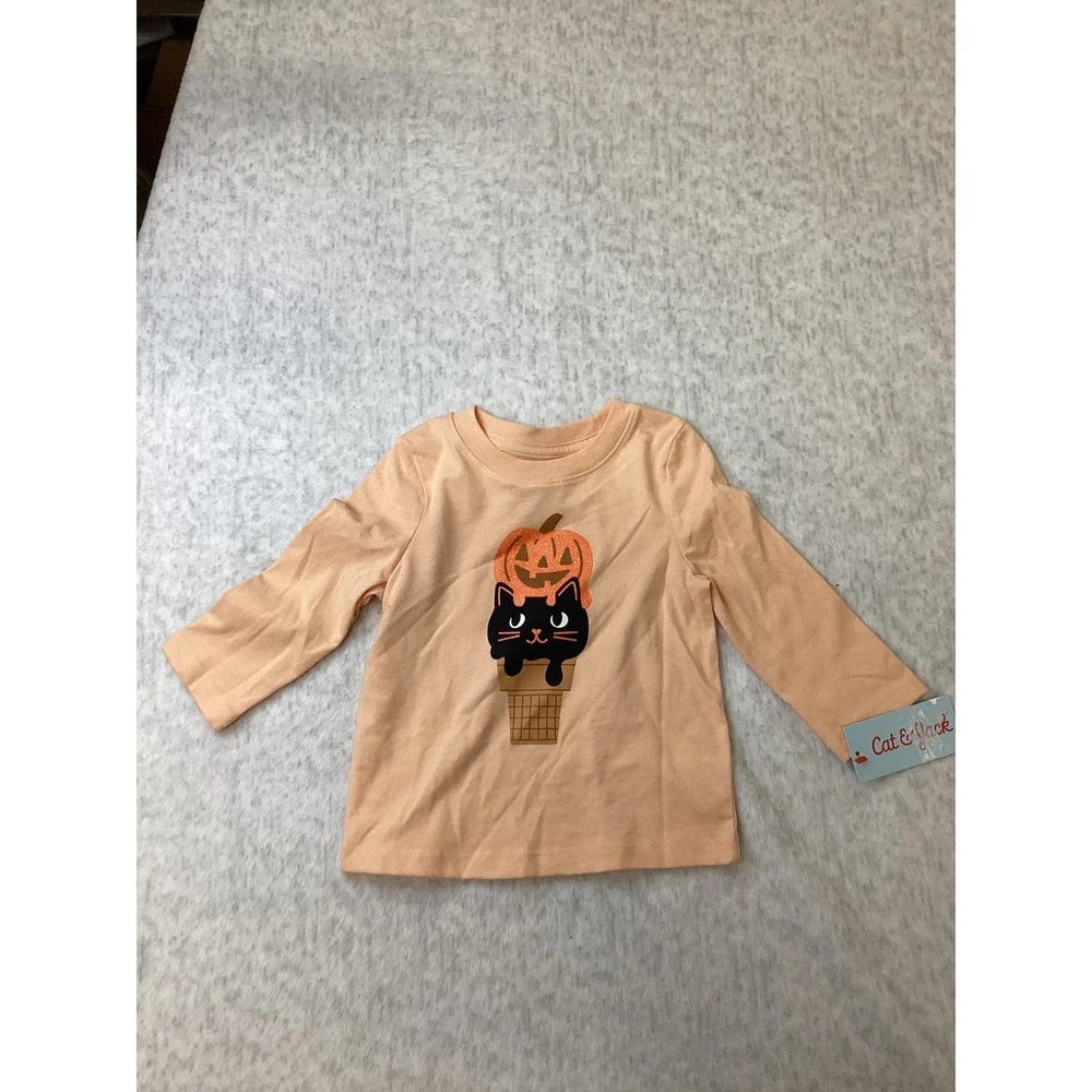 Cat & Jack Baby Girls 12M Peach Halloween Cat Pumpkin‎ Ice Cream Long Sleeve Tee