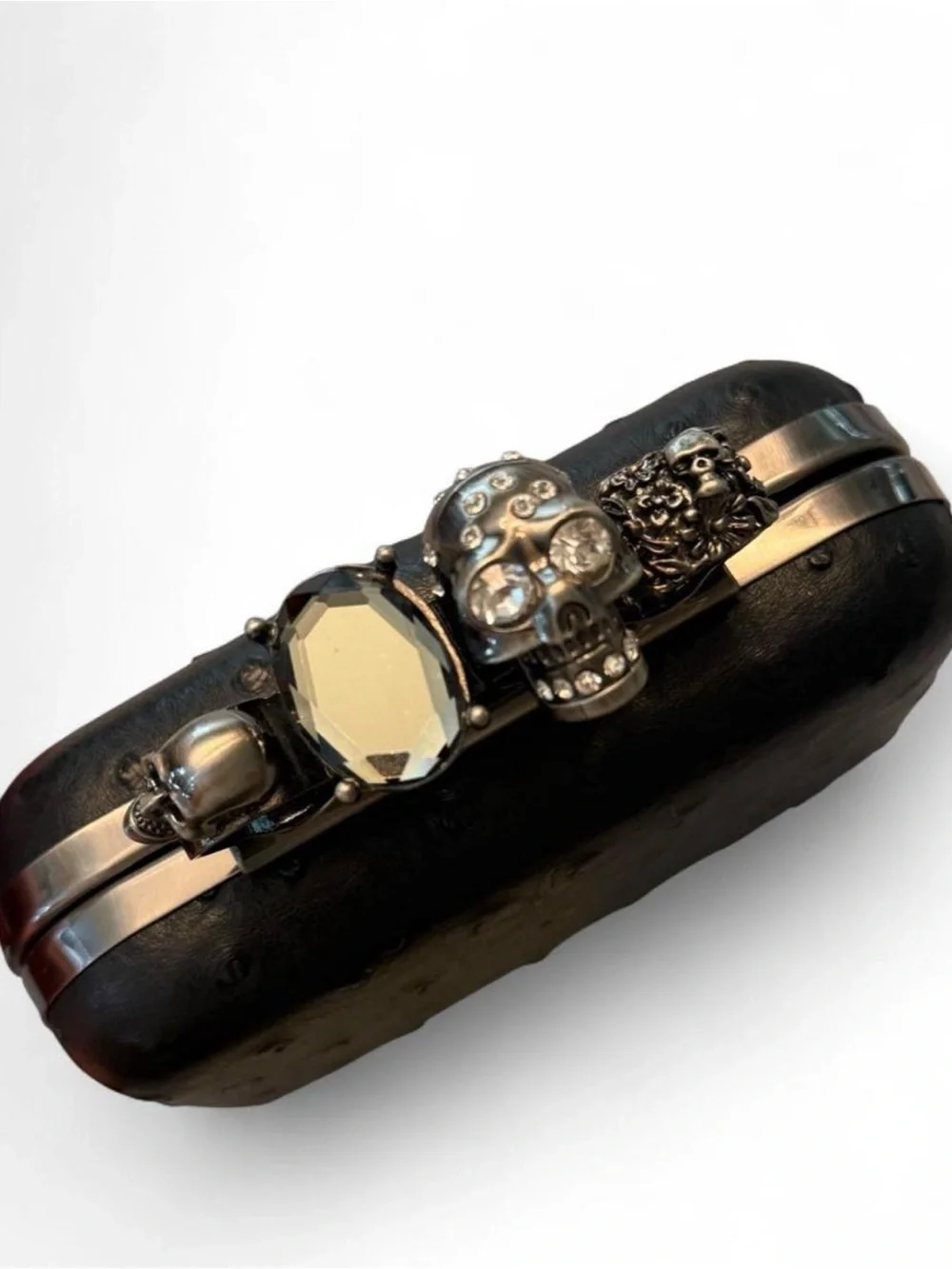 Skull & Crystal Silver Tone Knuckle Clutch Bag