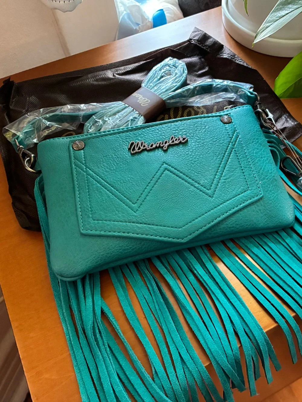 Wrangler Teal Floral Fringe Crossbody and Wristlet