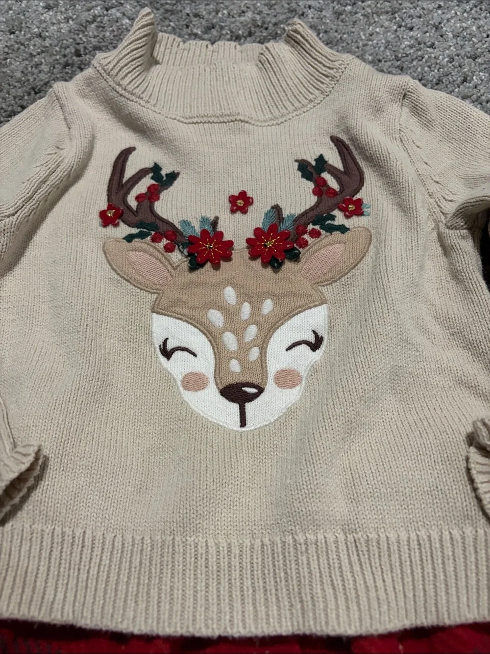 Cynthia Rowley Cream Deer Sweater with Red Plaid Skirt