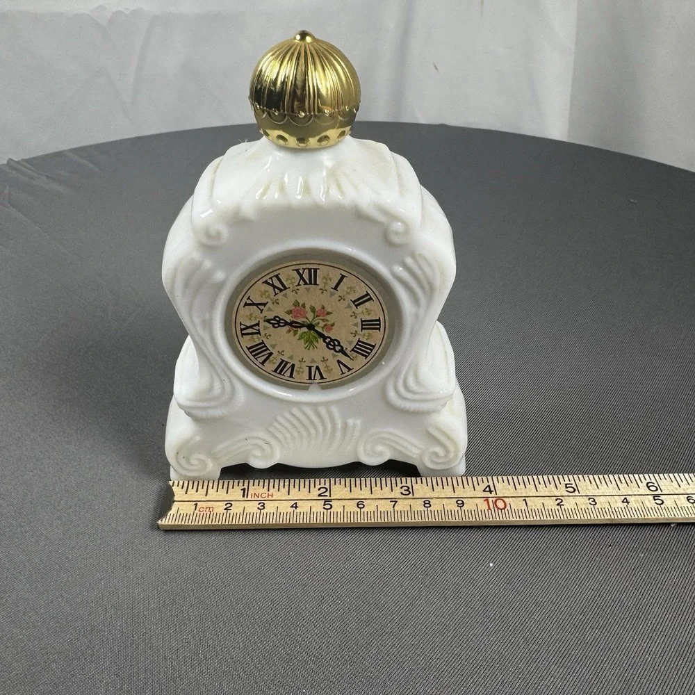 Vintage AVON Brocade White Milk Glass Mantel Clock Foaming Bath‎ Oil 5 oz